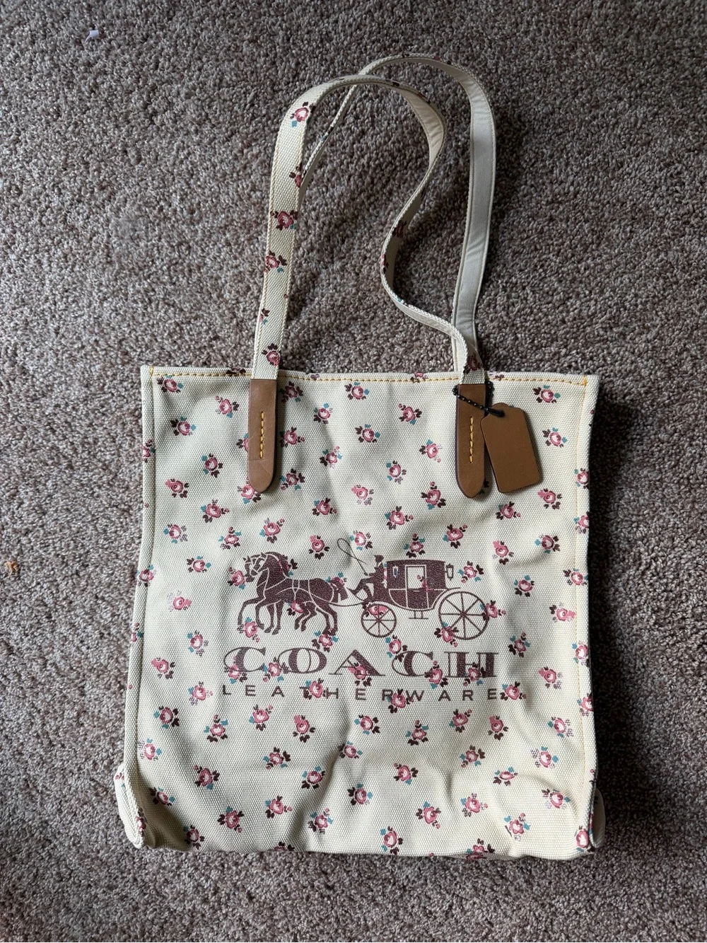 Coach Cream Canvas Tote with Pink Floral Print